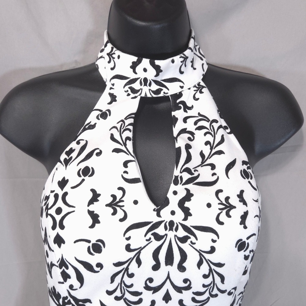 Damask Halter Keyhole Fit Flare Mini Dress Sz 5 Whimsigoth Coquette Black White - Picture 4 of 13